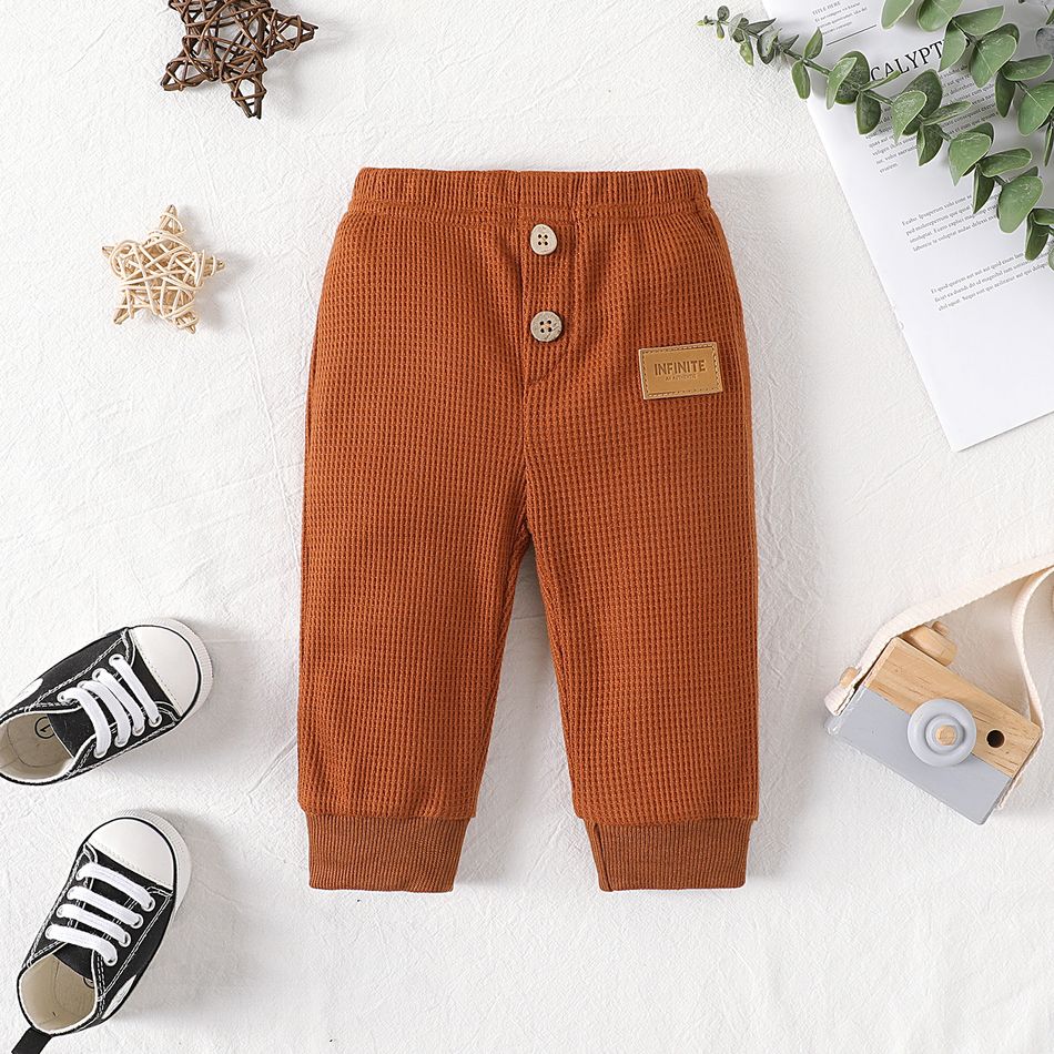 Baby Boy/Girl Letter Patch Detail Solid Waffle Pants Brown