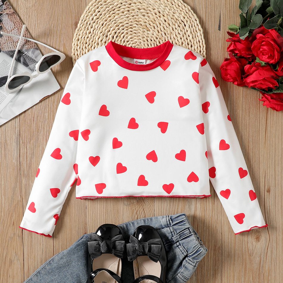 Kid Girl Heart Print Lettuce Trim Long-sleeve Tee Multi-color big image 1