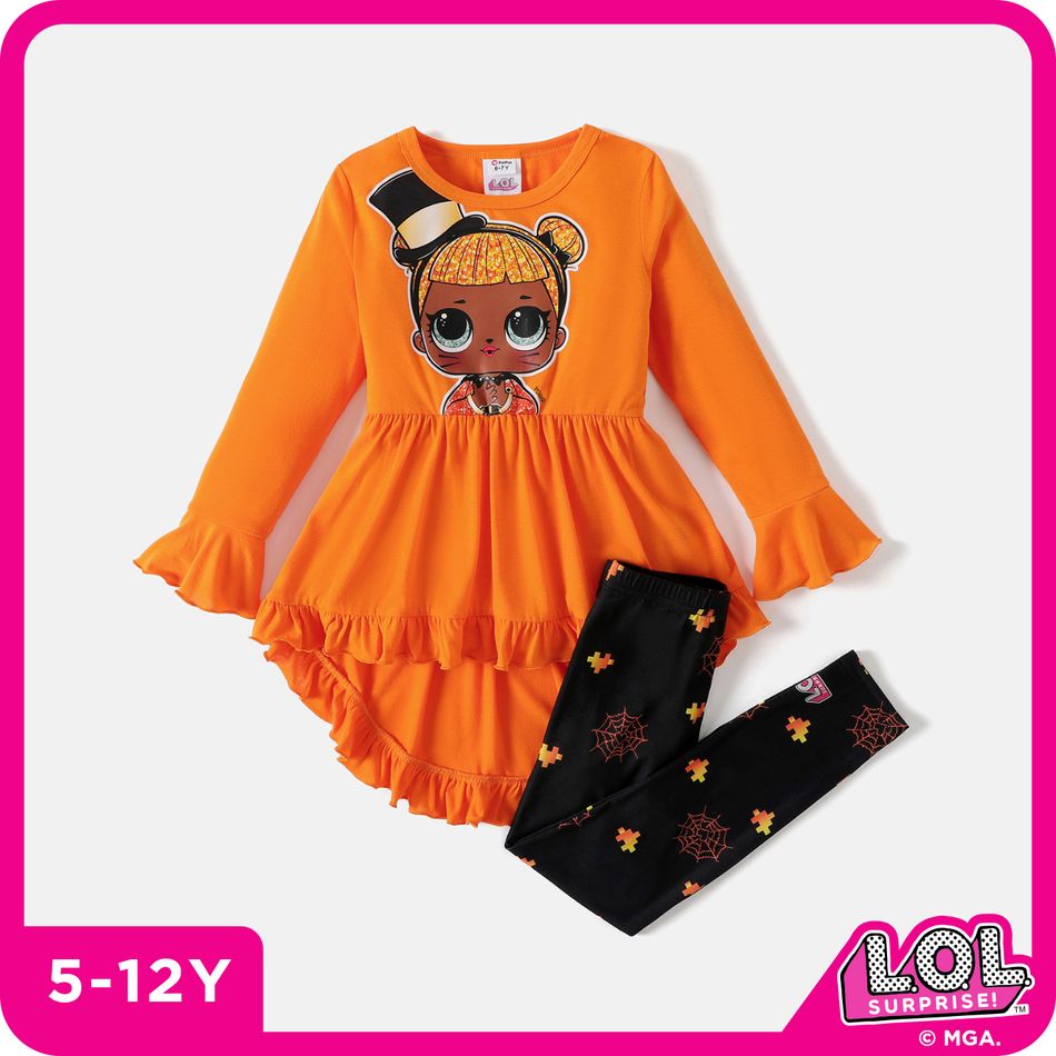 L.O.L. SURPRISE! 2pcs Kid Girl Characters Print Ruffled High Low Long-sleeve Tee and Allover Print Leggings Set Orange big image 1