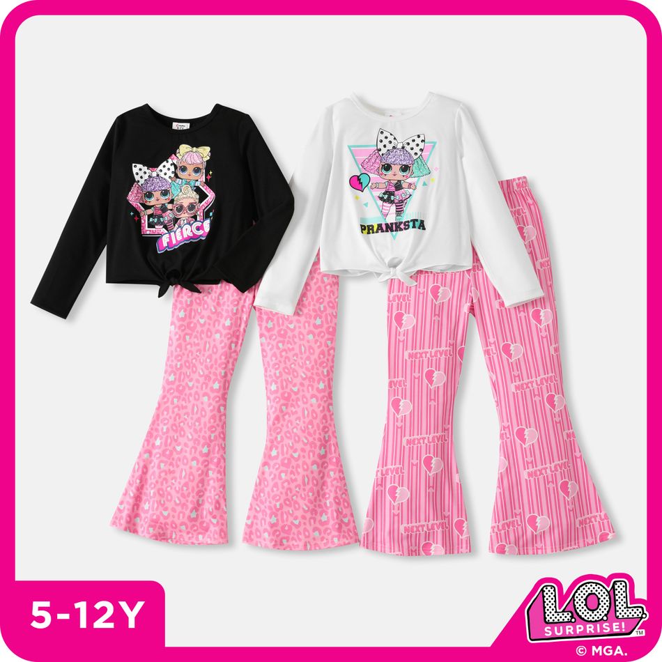 L.O.L. SURPRISE! 2pcs Kid Girl Graphic Print Tie Knot Long-sleeve White Tee and Stripe Heart Leopard Print Pink Flared Pants Set Black big image 8