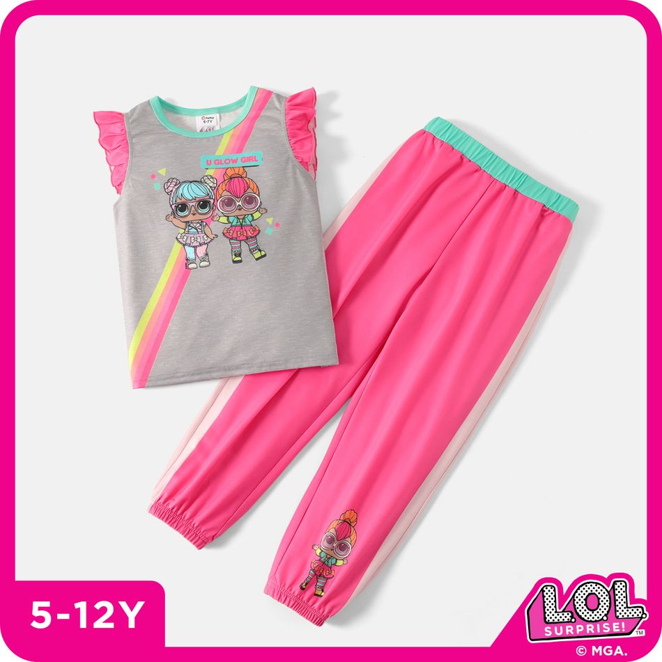 L.O.L. SURPRISE! 2pcs Kid Girl Graphic Print Striped Print Flutter-sleeve Tee and Pink Pants Set Roseo big image 1