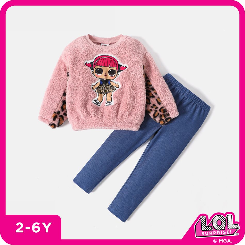 L.O.L. SURPRISE! 2pcs Toddler Girl 100% Cotton Leopard Print Splice Fleece Sweatshirt and Leggings Set Light Pink