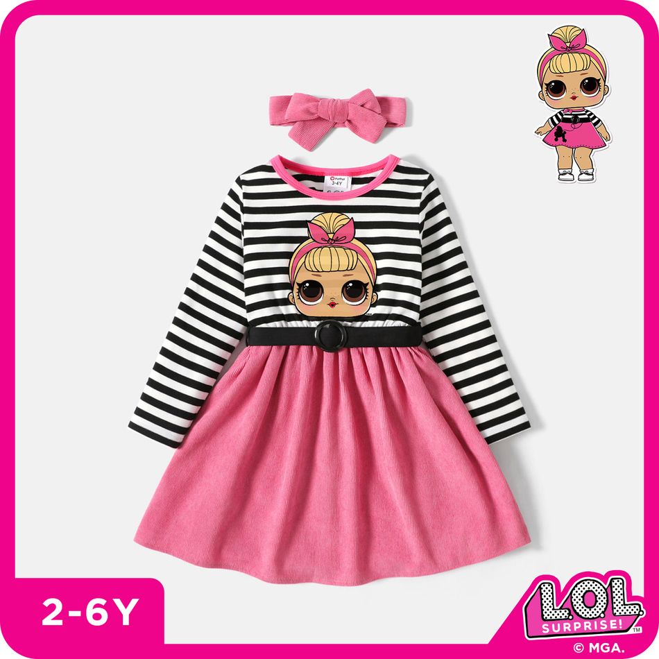 L.O.L. SURPRISE! Toddler Girl Faux-two Stripe Splice Belted Long-sleeve Dress Pink