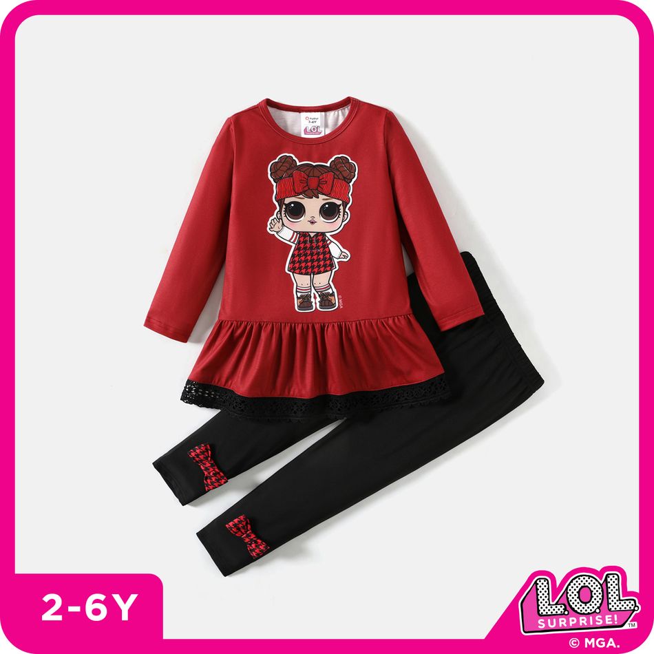 L.O.L. SURPRISE! 2pcs Toddler Girl Lace Hem Long-sleeve Tee and Bowknot Design Pants Set Burgundy