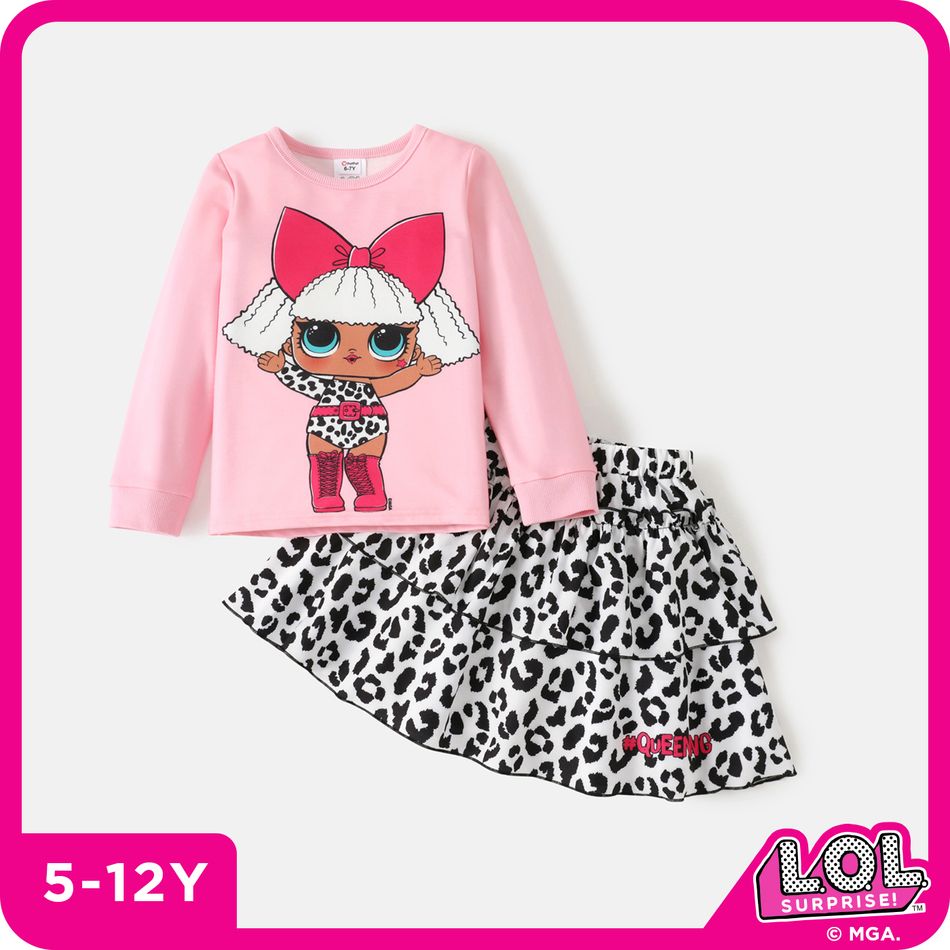 L.O.L. SURPRISE! 2pcs Kid Girl Characters Print Long-sleeve Tee and Leopard Print Layered Skirt Set Pink big image 1