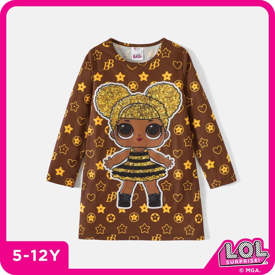 L.O.L. SURPRISE! Kid Girl Character Star Print Long-sleeve Dress Brown