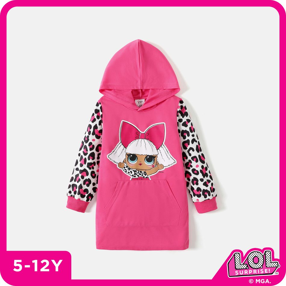 L.O.L. SURPRISE! Kid Girl Character Leopard Print Colorblock Pocket Design Hooded Sweatshirt Dress Pink