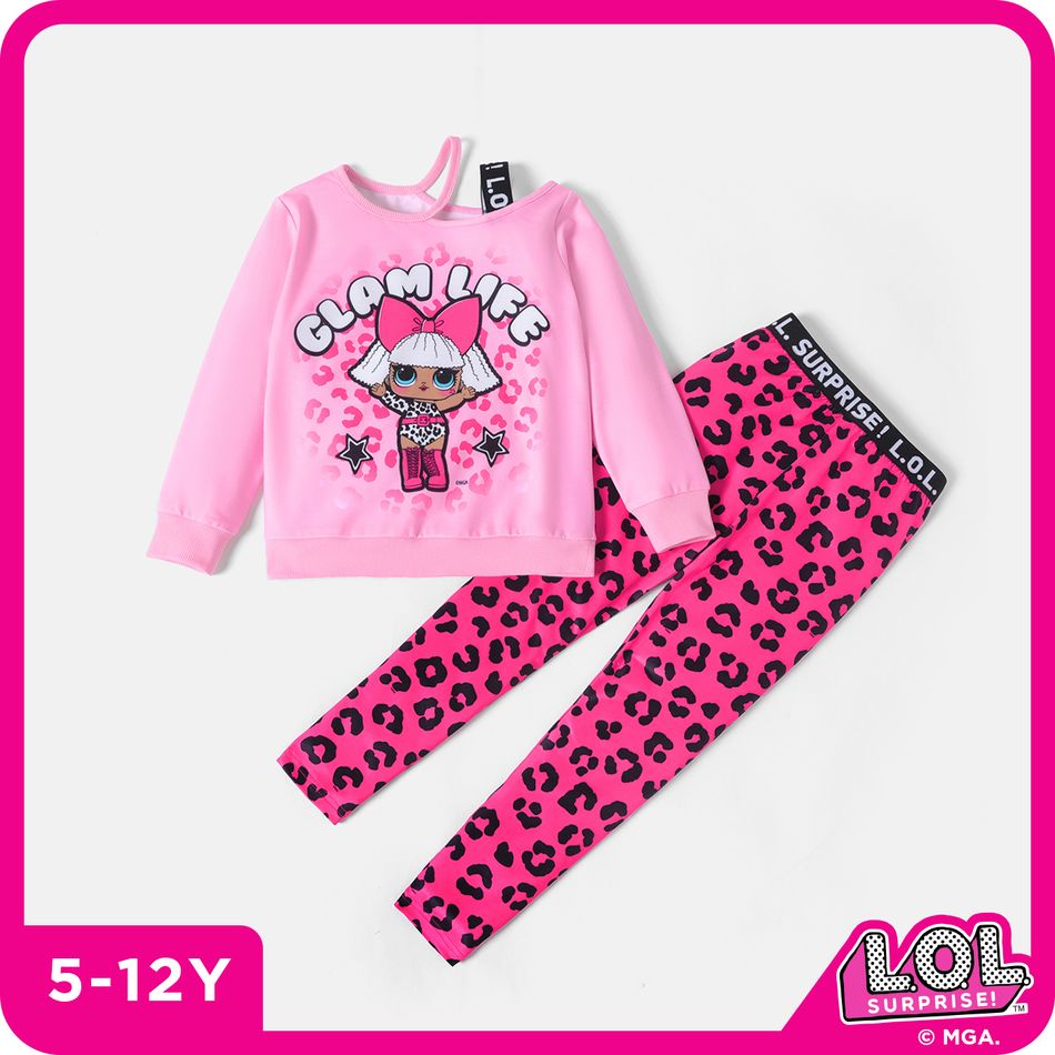 L.O.L. SURPRISE! 2pcs Kid Girl Character Letter Print Cut Out Long-sleeve Tee and Leopard Print Leggings Set Pink big image 1