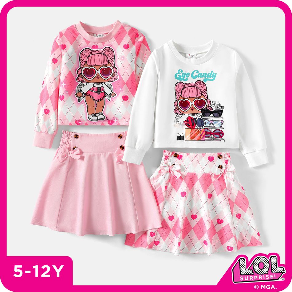 L.O.L. SURPRISE! 2pcs Kid Girl Letter Print Sweatshirt and Plaid/Pink BowDesign Smocked Skirt Set White
