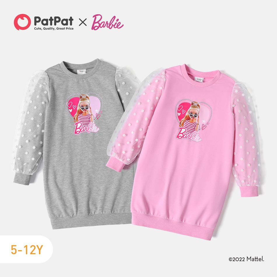 Barbie Kid Girl Polka dots Mesh Puff-sleeve Cotton Sweatshirt Dress Flecked Grey big image 2