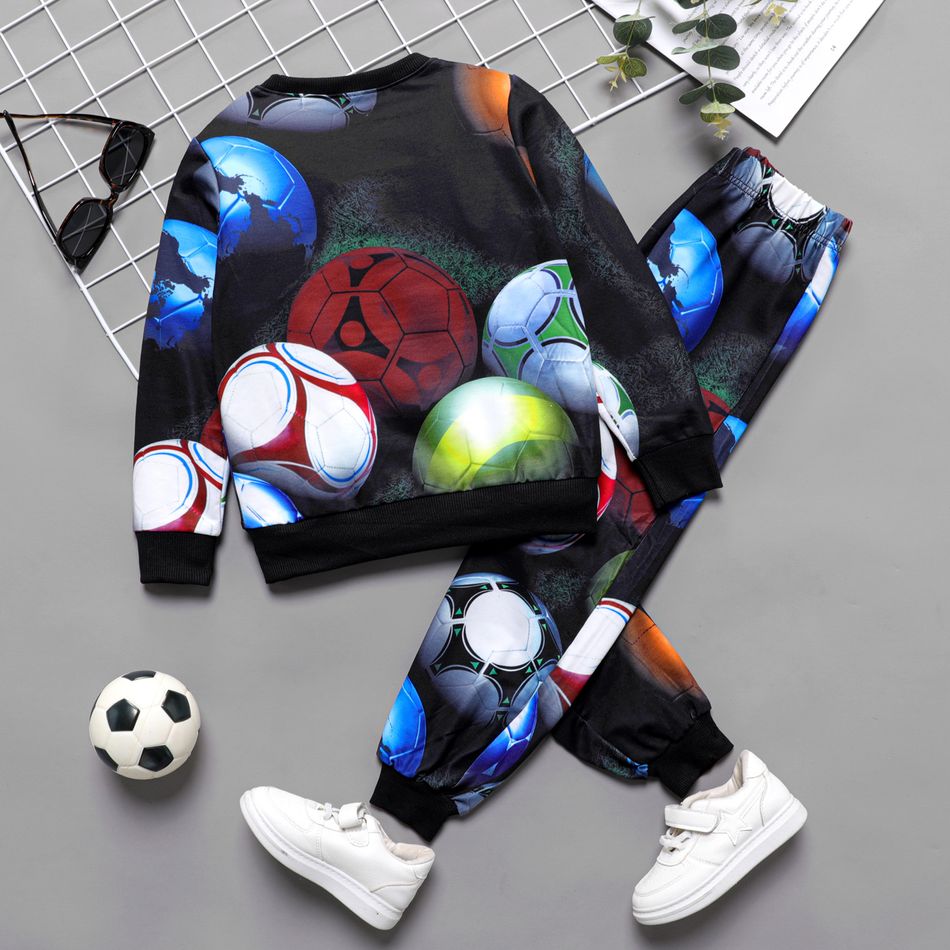 2pcs Kid Boy Soccer Print Pullover Sweatshirt and Elasticized Pants Set Black big image 2
