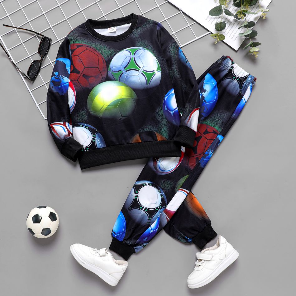 2pcs Kid Boy Soccer Print Pullover Sweatshirt and Elasticized Pants Set Black big image 1