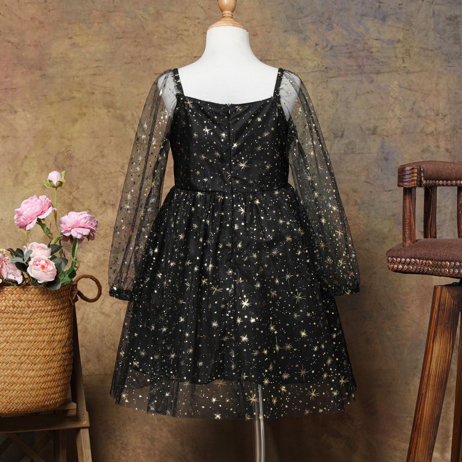 Kid Girl Stars Glitter Sweetheart Collar Mesh Long-sleeve Evening Parrty Dress Black big image 2