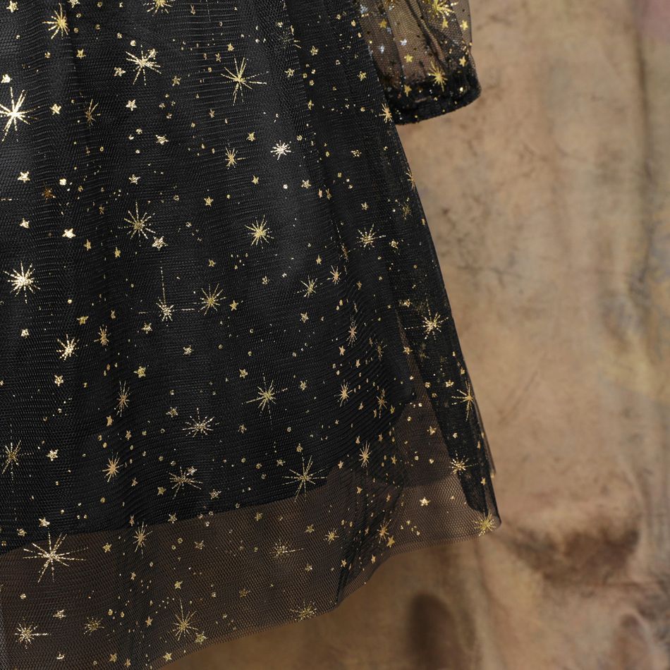 Kid Girl Stars Glitter Sweetheart Collar Mesh Long-sleeve Evening Parrty Dress Black