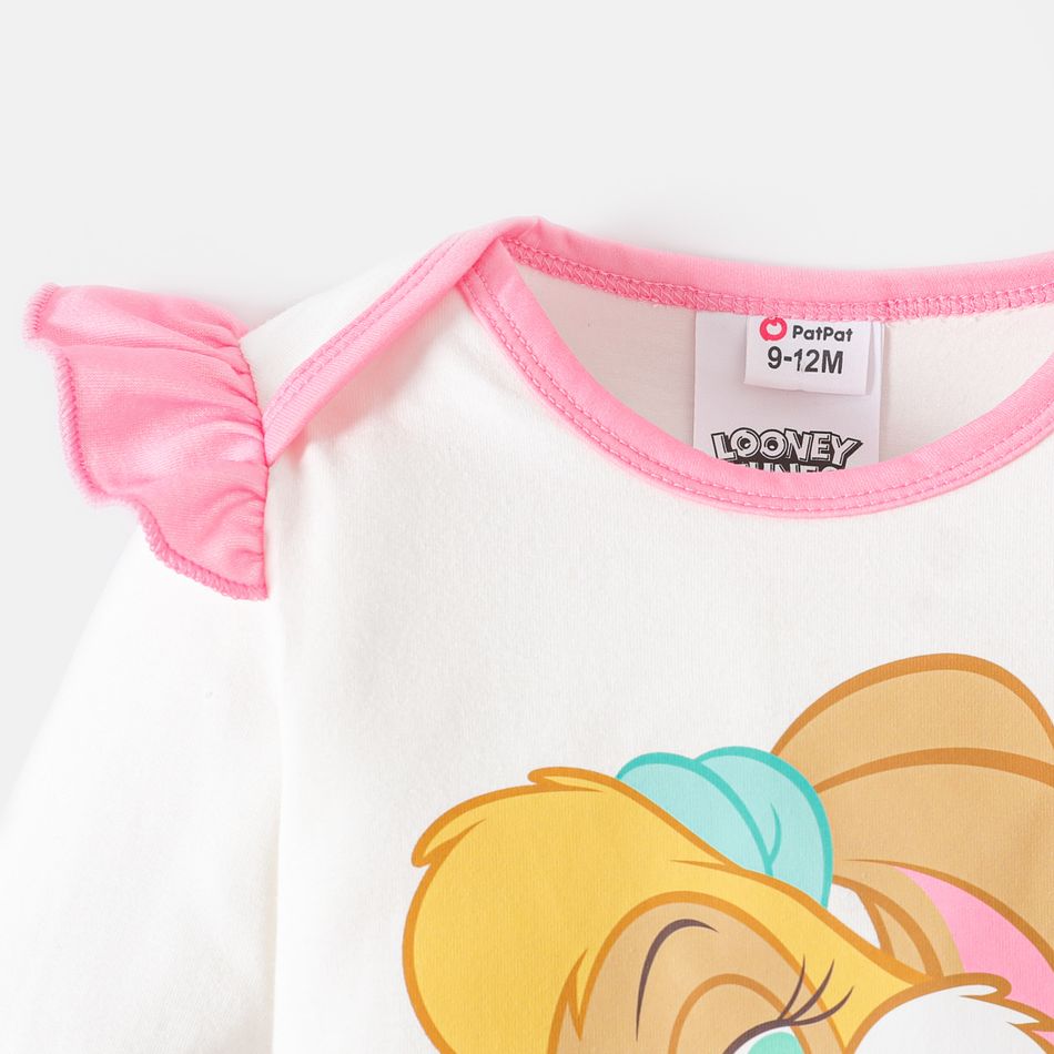 Looney Tunes 3pcs Baby Girl 95% Cotton Ruffle Long-sleeve Graphic Romper and Allover Heart Print Pants with Headband Set Pink big image 4