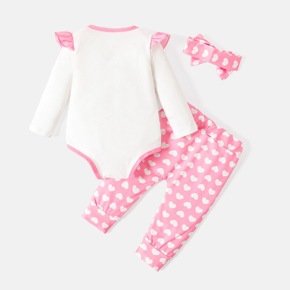 Looney Tunes 3pcs Baby Girl 95% Cotton Ruffle Long-sleeve Graphic Romper and Allover Heart Print Pants with Headband Set Pink big image 3