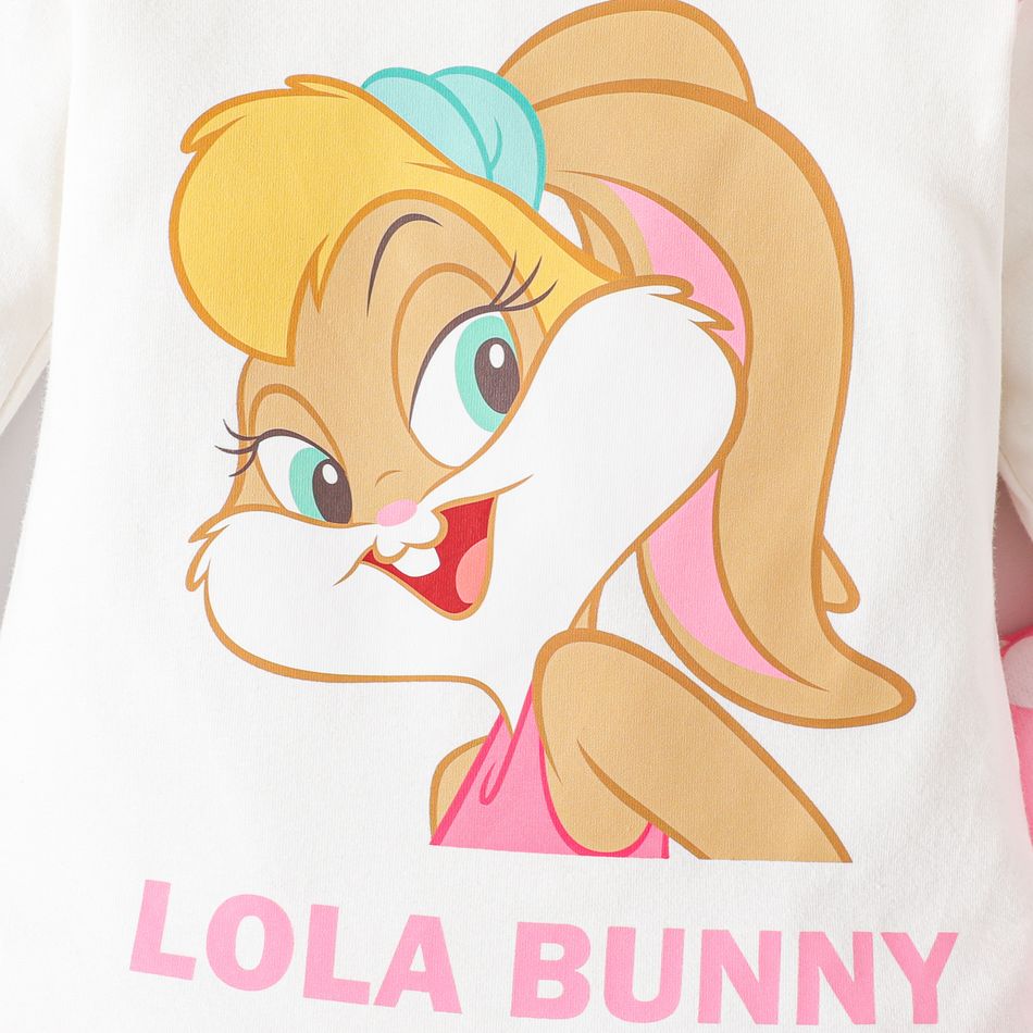 Looney Tunes 3pcs Baby Girl 95% Cotton Ruffle Long-sleeve Graphic Romper and Allover Heart Print Pants with Headband Set Pink big image 5