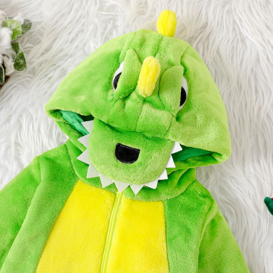 Baby Dinosaur Design 3D Hooded Fluffy Long-sleeve Jumpsuit Green big image 3