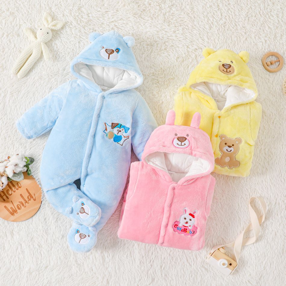 Baby Bunny or Bear Applique 3D Ear Hooded Footed/footie Long-sleeve Fluffy Fleece-lining  Jumpsuit Pale Yellow big image 2