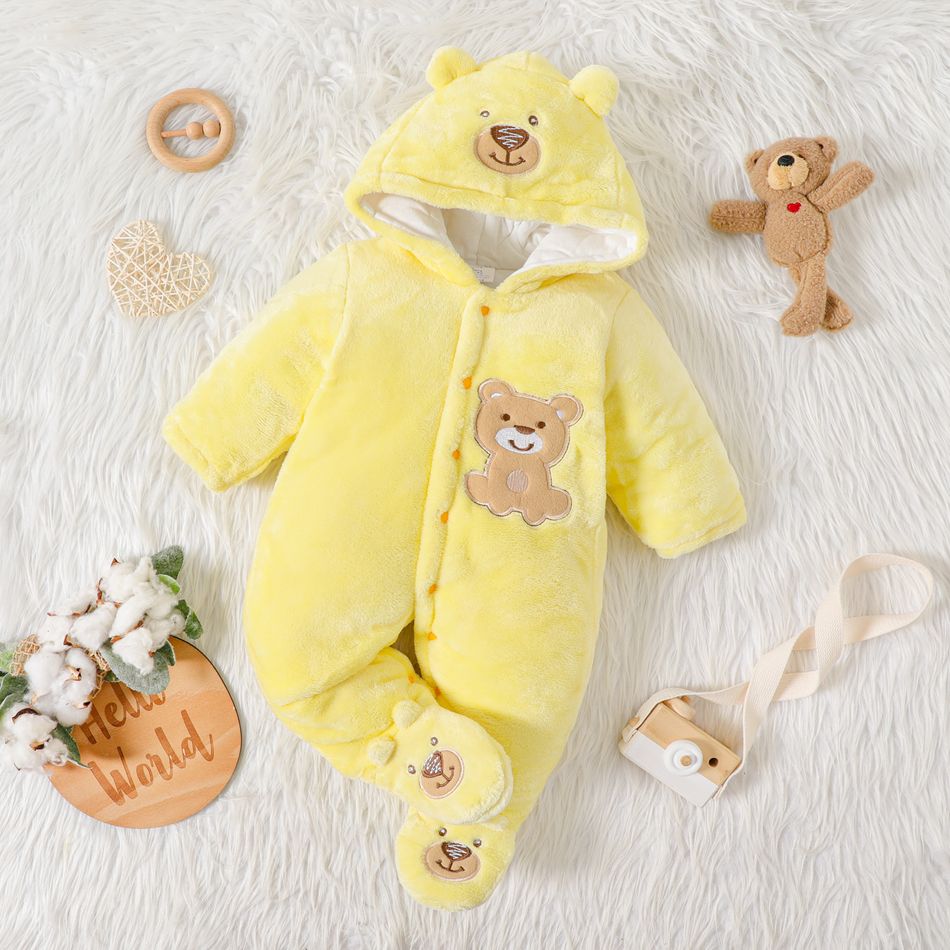 Baby Bunny or Bear Applique 3D Ear Hooded Footed/footie Long-sleeve Fluffy Fleece-lining  Jumpsuit Pale Yellow big image 3