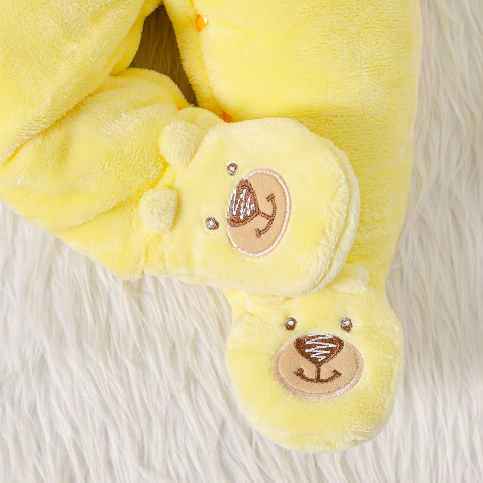 Baby Bunny or Bear Applique 3D Ear Hooded Footed/footie Long-sleeve Fluffy Fleece-lining  Jumpsuit Pale Yellow big image 6