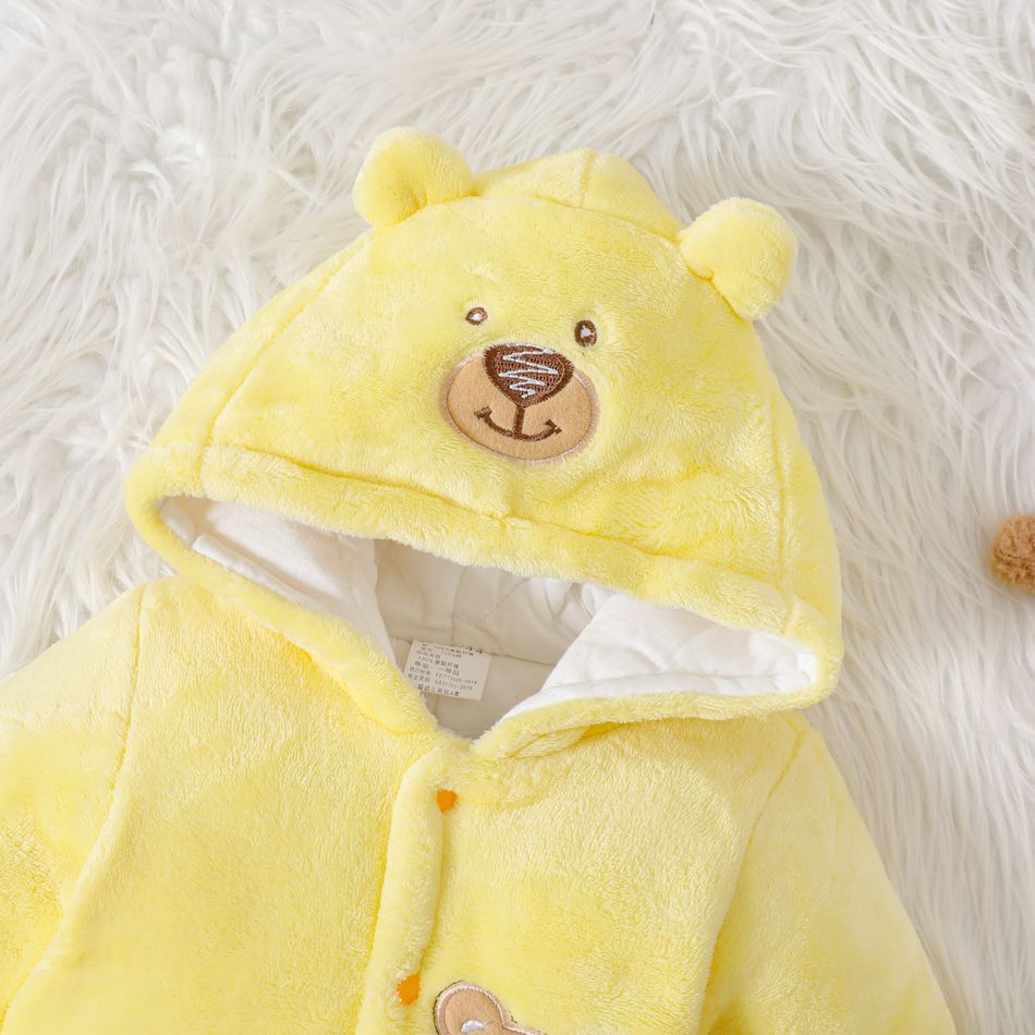 Baby Bunny or Bear Applique 3D Ear Hooded Footed/footie Long-sleeve Fluffy Fleece-lining  Jumpsuit Pale Yellow big image 5