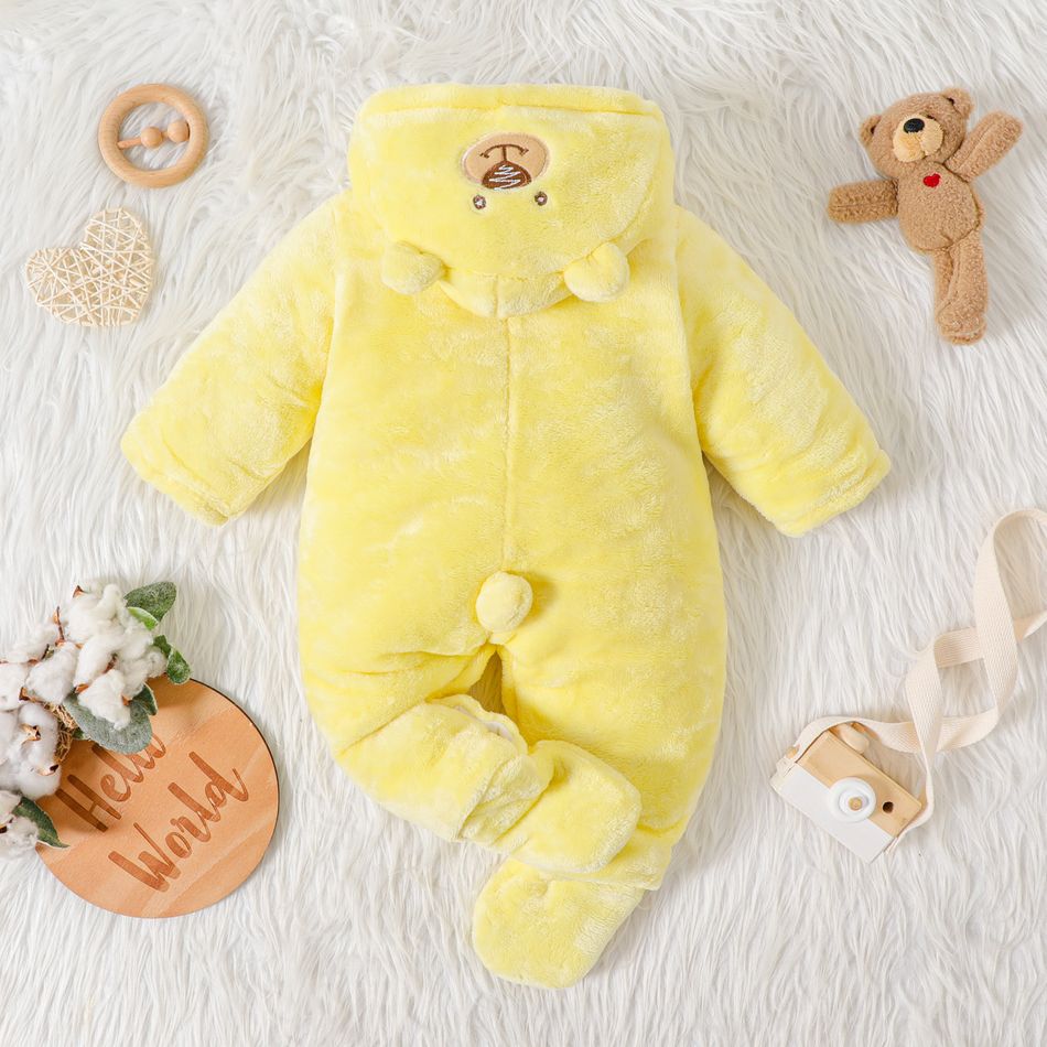 Baby Bunny or Bear Applique 3D Ear Hooded Footed/footie Long-sleeve Fluffy Fleece-lining Jumpsuit Pale Yellow big image 4