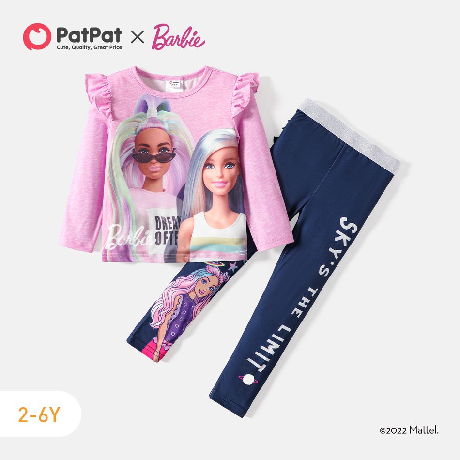 Barbie Toddler Girl Character Print Ruffled Long-sleeve Tee/ Elasticized Leggings DeepBlue big image 7
