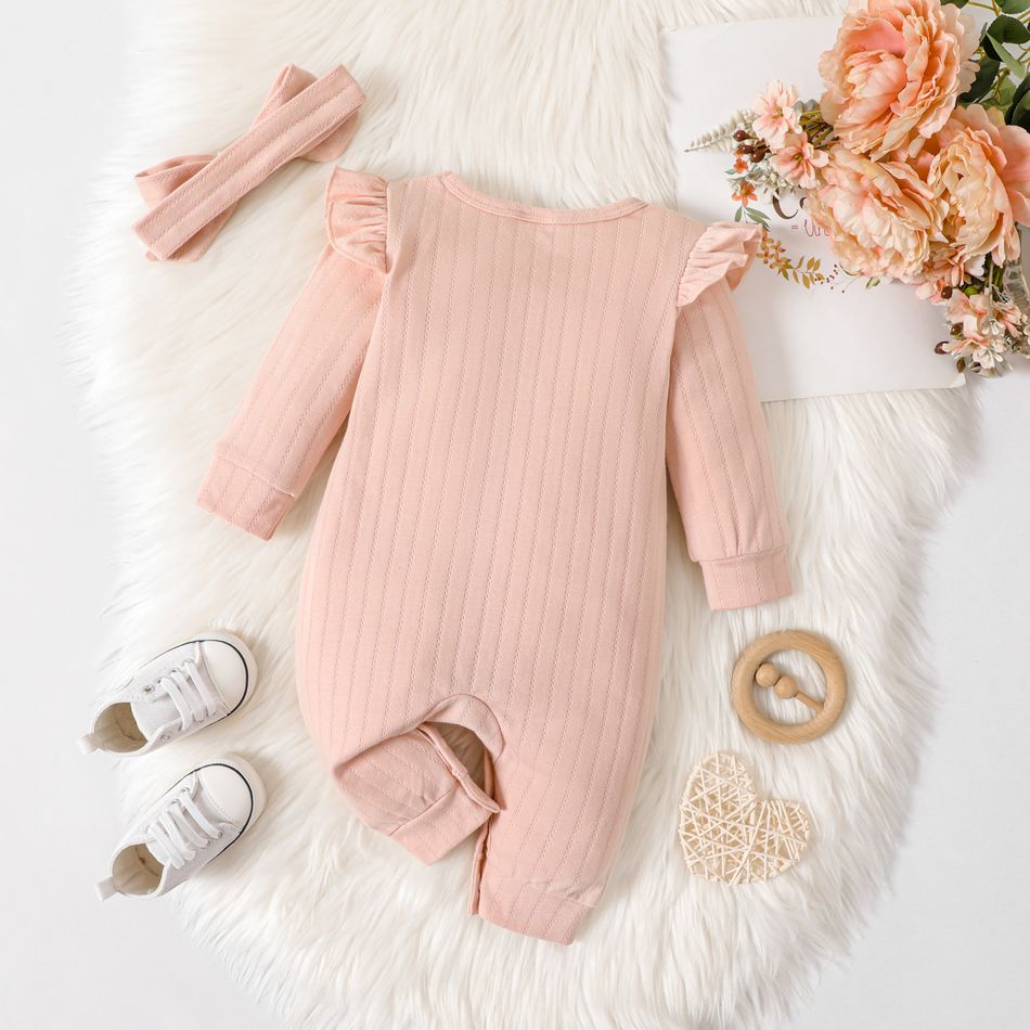2pcs Baby Girl Pink Textured Ruffle Long-sleeve Jumpsuit & Headband Set Pink big image 2