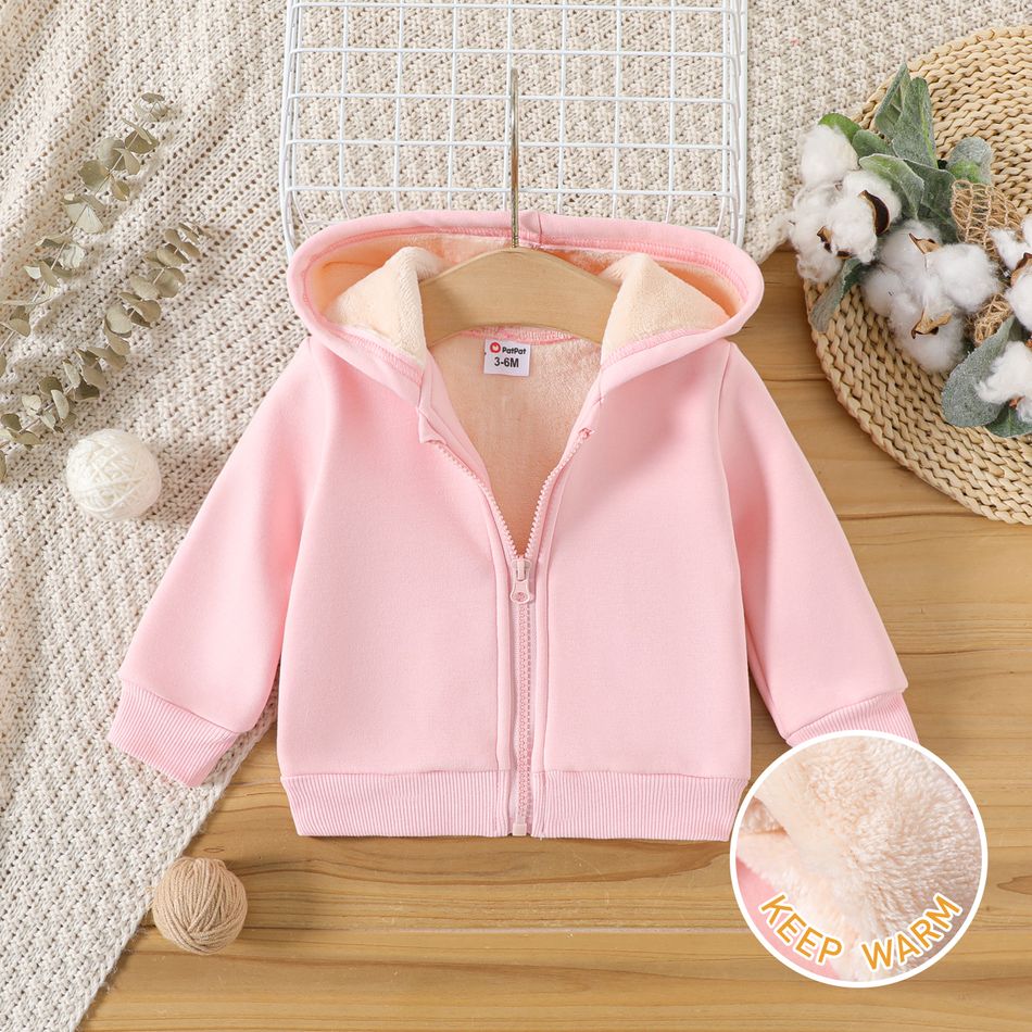 Baby Boy/Girl Thermal Fleece Lined Solid Long-sleeve Zipper Hoodie Pink big image 1