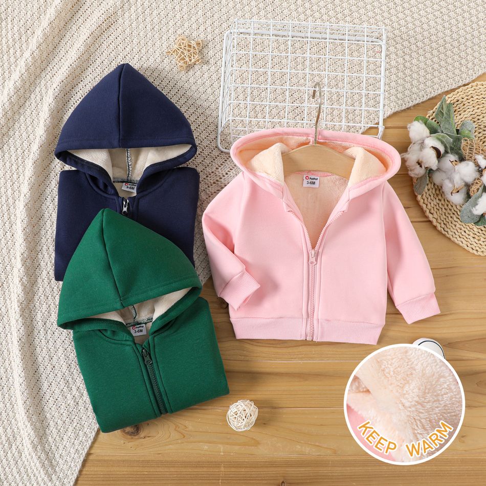 Baby Boy/Girl Thermal Fleece Lined Solid Long-sleeve Zipper Hoodie Pink big image 2