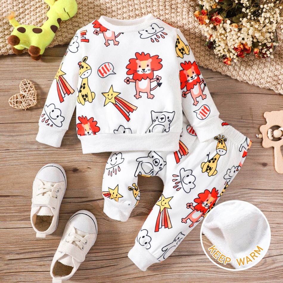 2pcs Baby Boy/Girl Allover Animal Print Long-sleeve Fleece Lined Sweatshirt and Sweatpants Set White big image 1