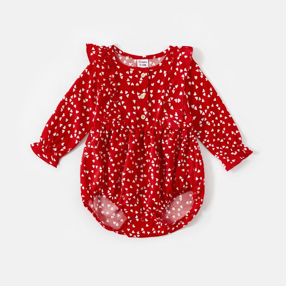 Valentine's Day Mommy and Me Allover Heart Print Red Surplice Neck Ruffle-sleeve Belted Romper Red big image 8