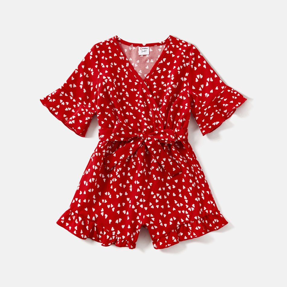 Valentine's Day Mommy and Me Allover Heart Print Red Surplice Neck Ruffle-sleeve Belted Romper Red big image 7