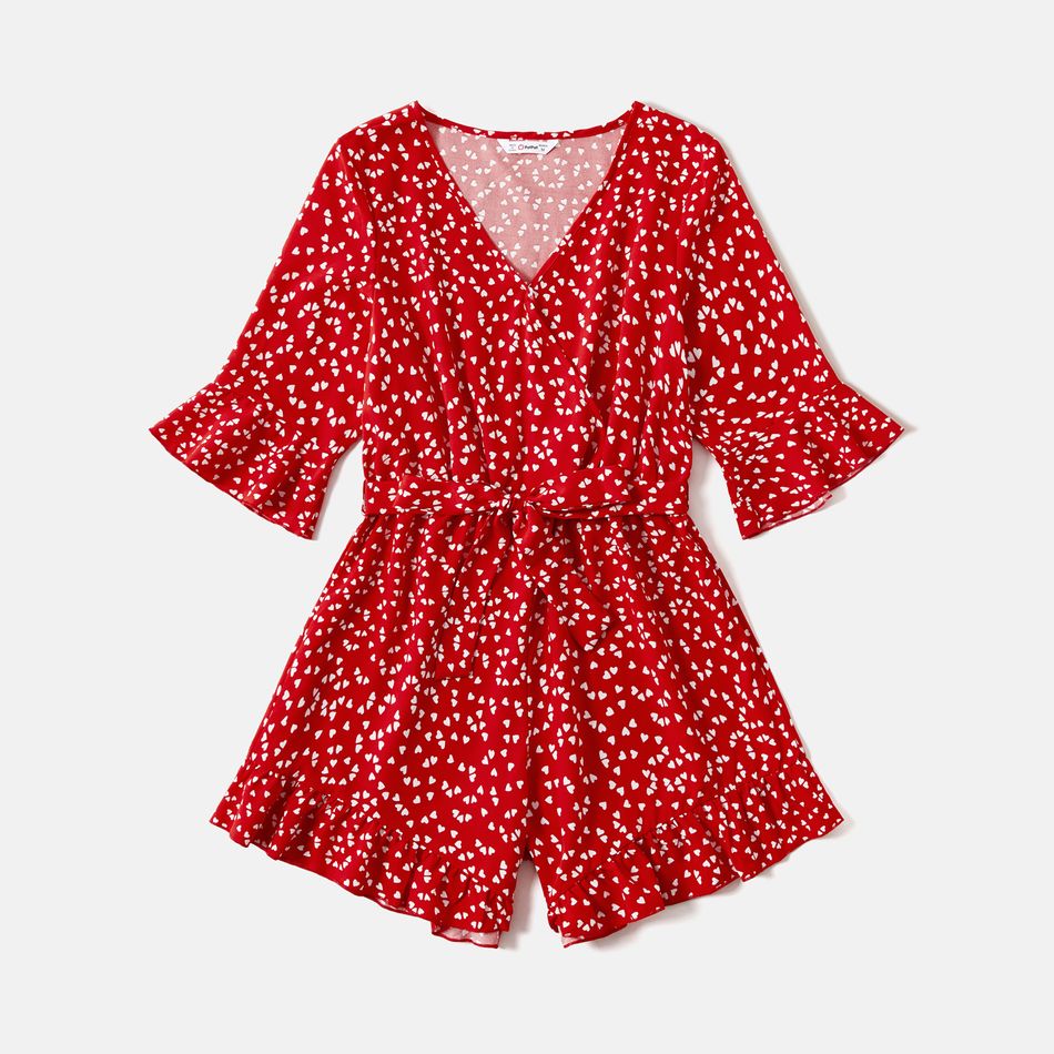 Valentine's Day Mommy and Me Allover Heart Print Red Surplice Neck Ruffle-sleeve Belted Romper Red big image 2