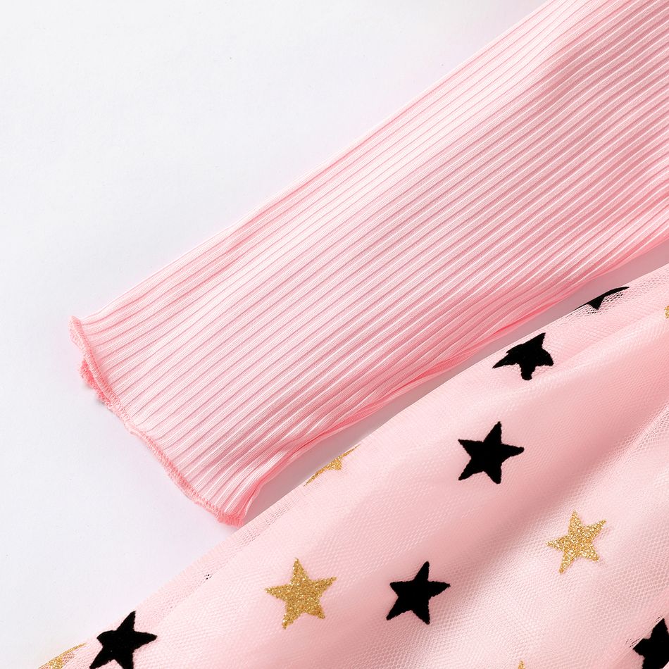 Kid Girl Mock Neck Ribbed Star Glitter Mesh Splice Long-sleeve Dress Pink big image 4