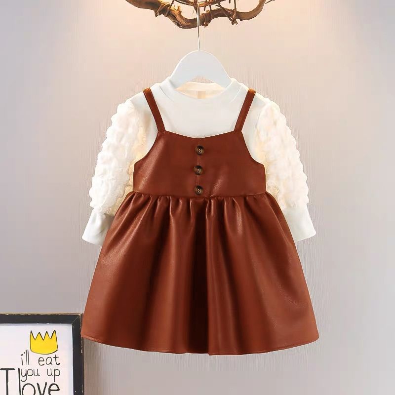 2pcs Kid Girl Textured Puff-sleeve Tee and Button Design PU Overall Dress Set Brown big image 1