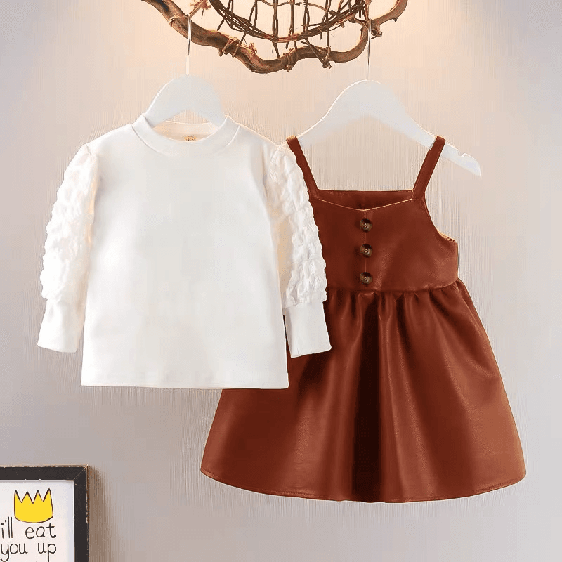 2pcs Kid Girl Textured Puff-sleeve Tee and Button Design  PU Overall Dress Set Brown big image 2