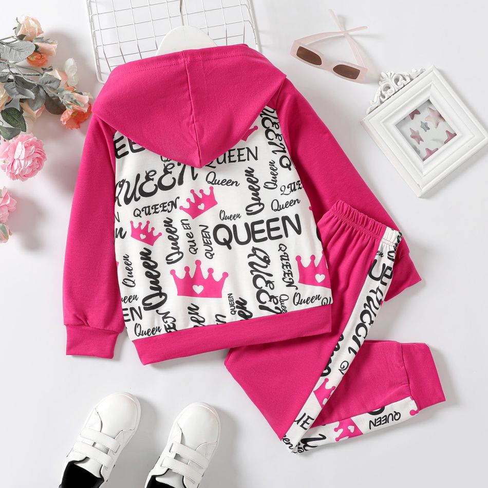 2pcs Kid Girl Letter Crown Print Colorblock Raglan Sleeve Hoodie Sweatshirt and Elasticized Pants Set Pink big image 2