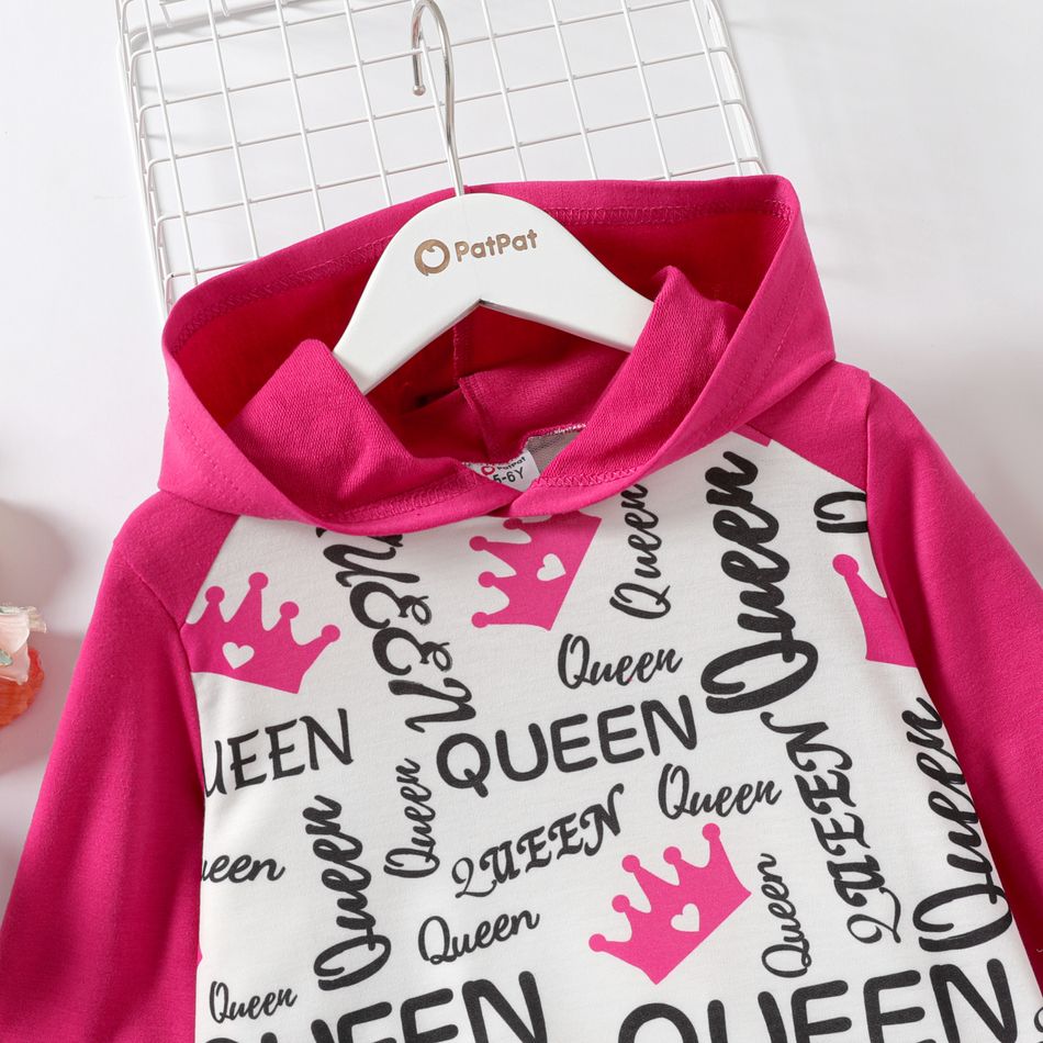 2pcs Kid Girl Letter Crown Print Colorblock Raglan Sleeve Hoodie Sweatshirt and Elasticized Pants Set Pink big image 3