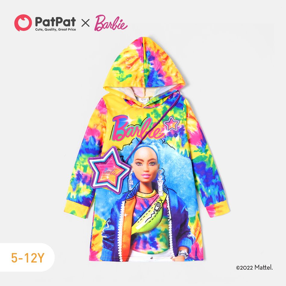 Barbie Kid Girl Tie Dyed Colorblock Hooded Sweatshirt Dress Multi-color