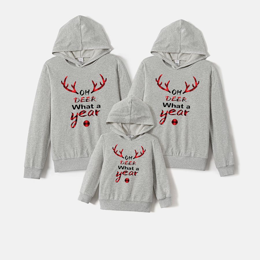 Go-Neat Water Repellent and Stain Resistant Christmas Family Matching Antler & Letter Print Grey Long-sleeve Hoodies Light Grey big image 2