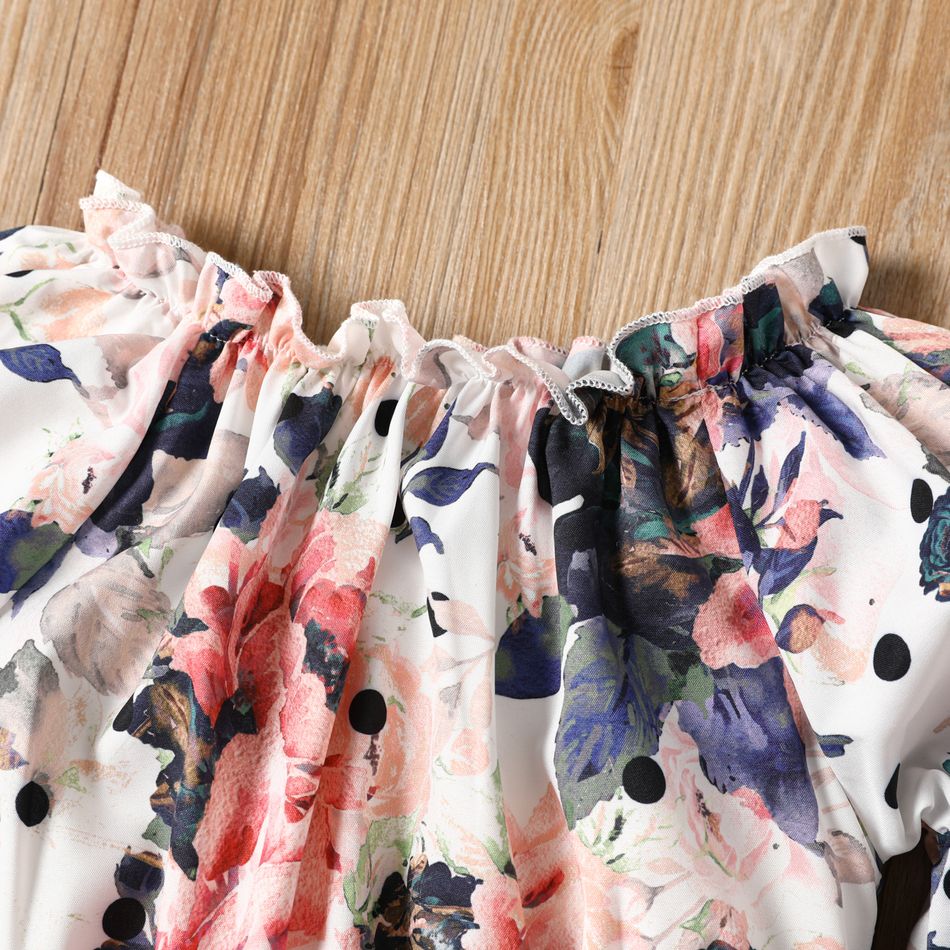 3pcs Toddler Girl Trendy Ripped Denim Skirt & Belt and Floral Print Off Shoulder Blouse Set White big image 2