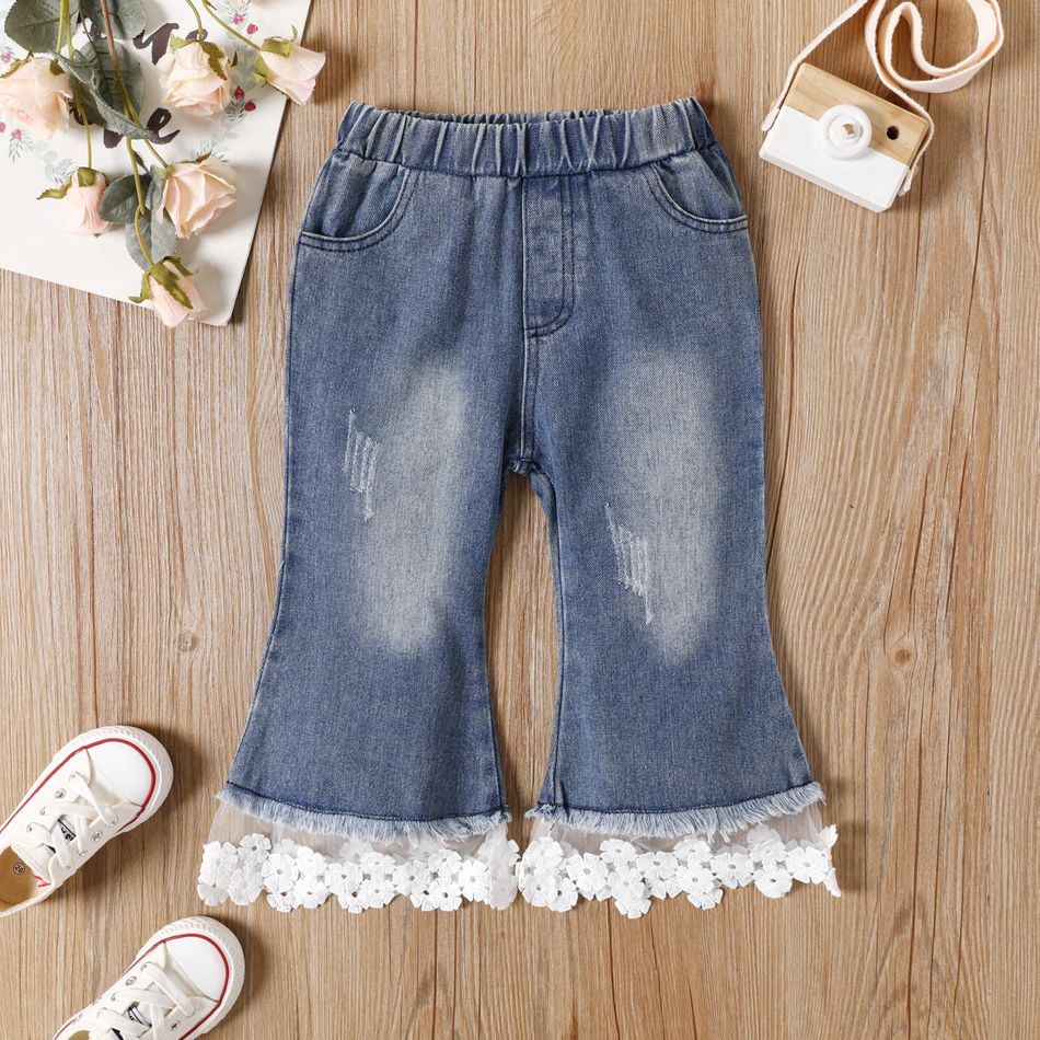 Toddler Girl Trendy Lace Splice Denim Flared Jeans DENIMBLUE big image 1