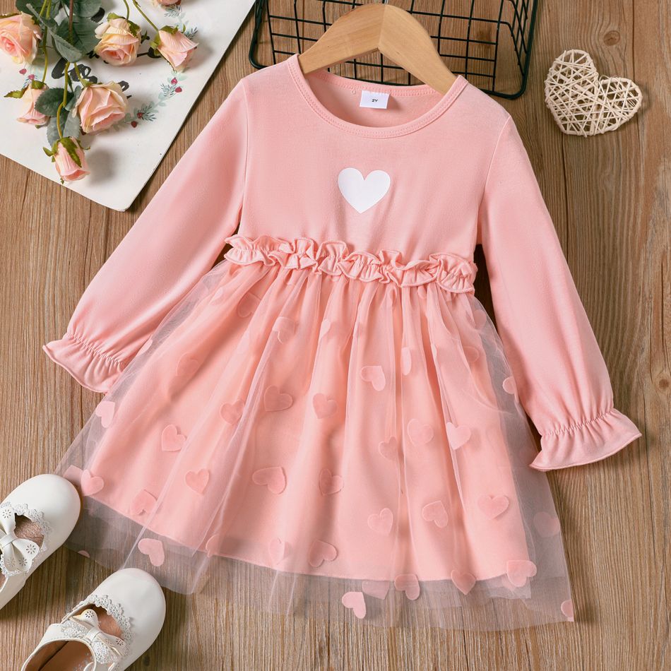 Toddler Girl Sweet Heart Print Mesh Splice Long-sleeve Dress Pink big image 1