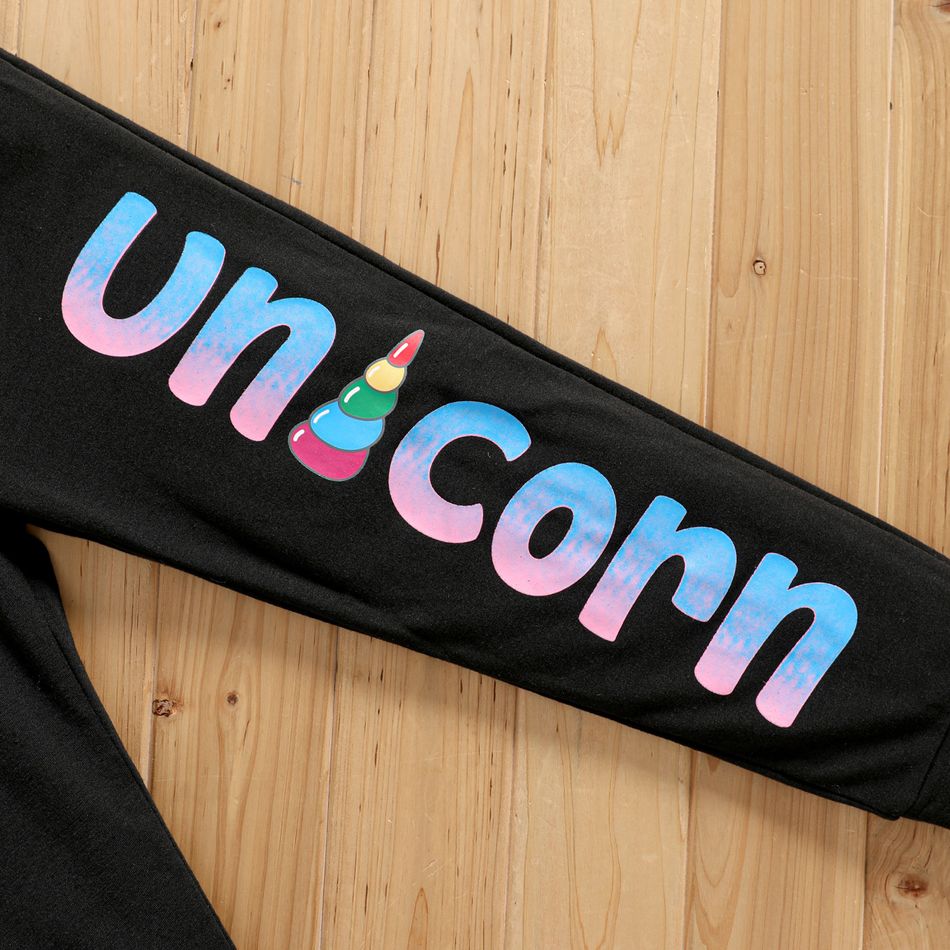 2pcs Kid Girl Unicorn Print Hoodie Sweatshirt and Elasticized Pants Set Black big image 5