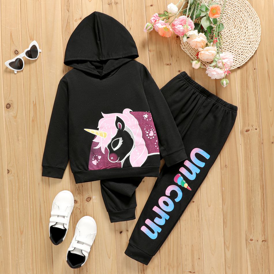 2pcs Kid Girl Unicorn Print Hoodie Sweatshirt and Elasticized Pants Set Black