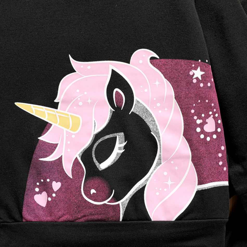 2pcs Kid Girl Unicorn Print Hoodie Sweatshirt and Elasticized Pants Set Black big image 4