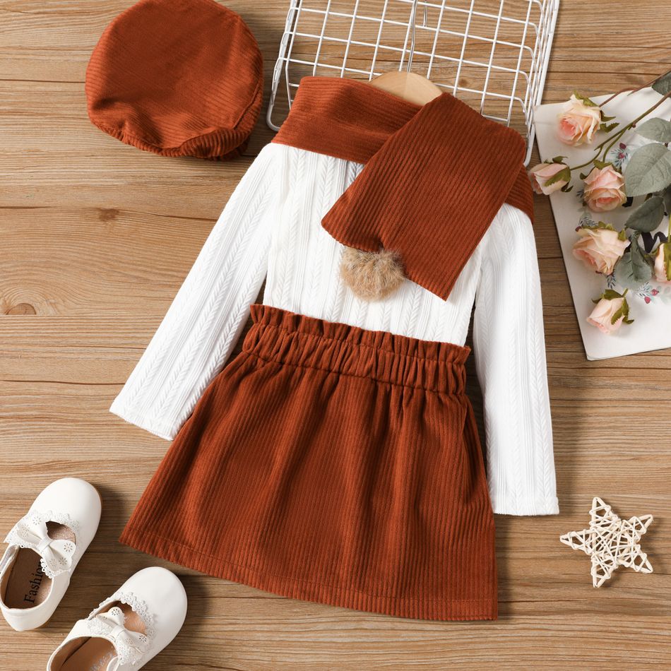 4pcs Toddler Girl Preppy style Beret Cap and Scarf & Mock Neck Tee and Corduroy Skirt Set White big image 2