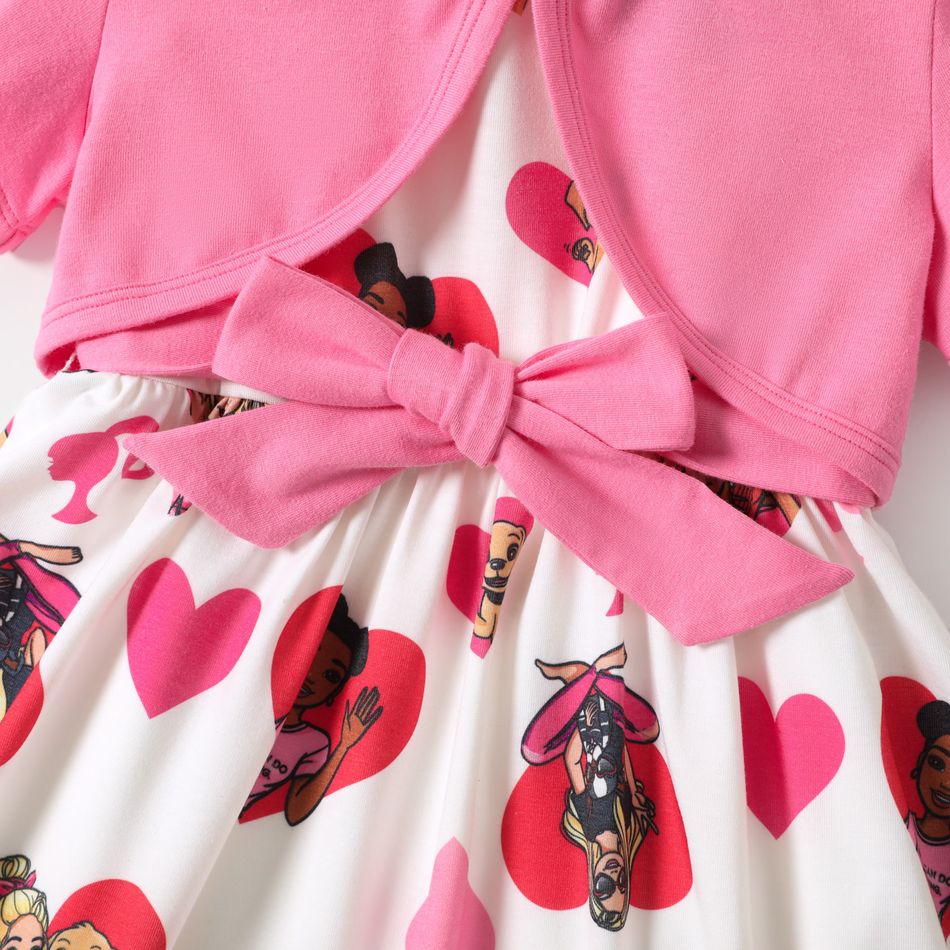 Barbie 2pcs Toddler Girl Valentine's Day Heart Print Belted Sleeveless Dress and Cotton Cardigan Set PinkyWhite big image 3